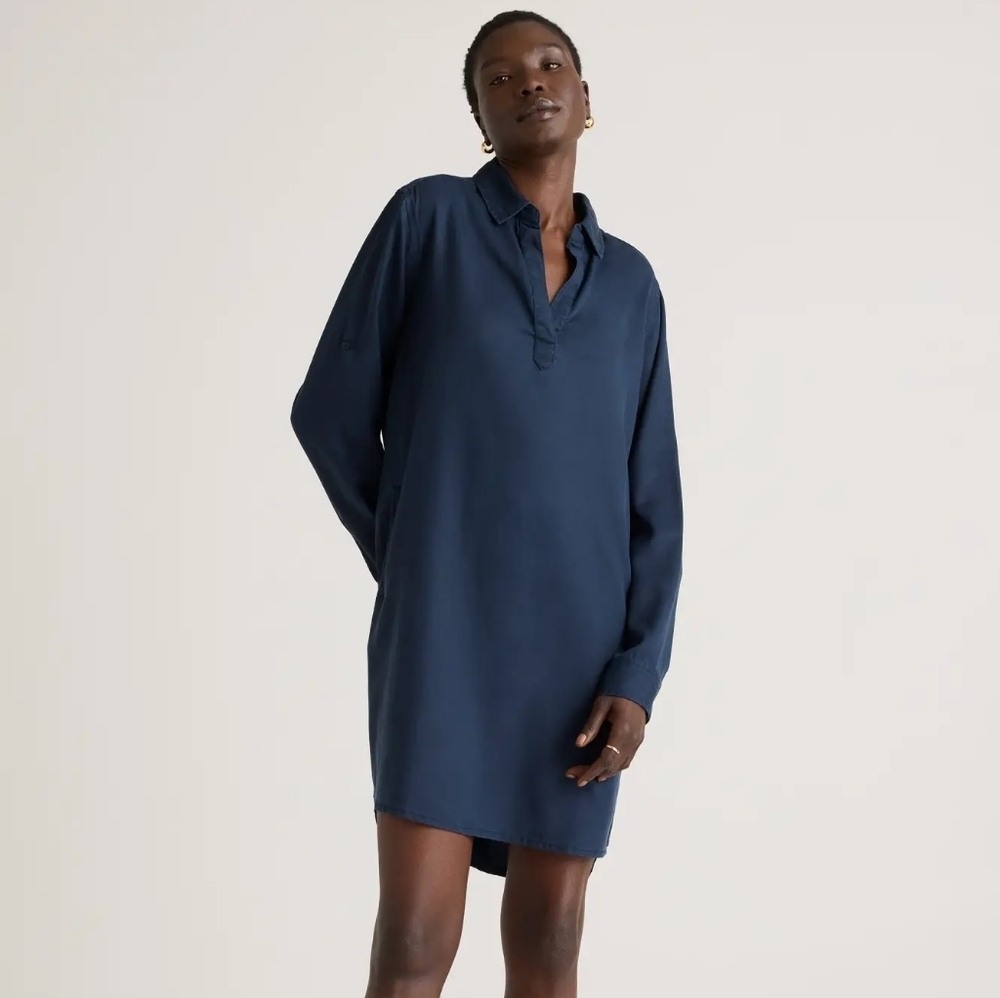 Quince▪️Vintage Wash Tencel Roll Sleeve Tunic Dress in Midnight Blue